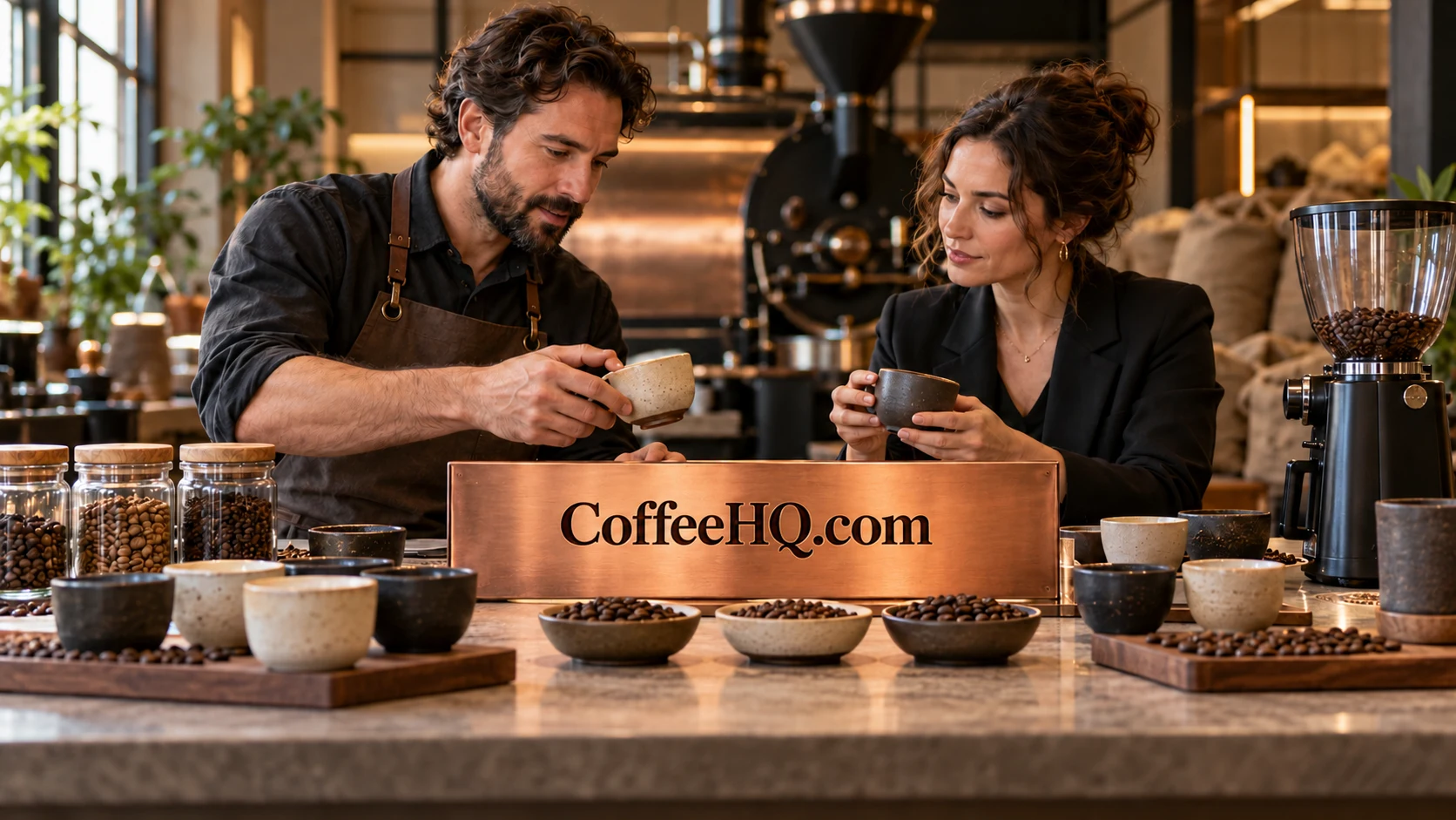 Two coffee professionals comparing cups at a coffee bar